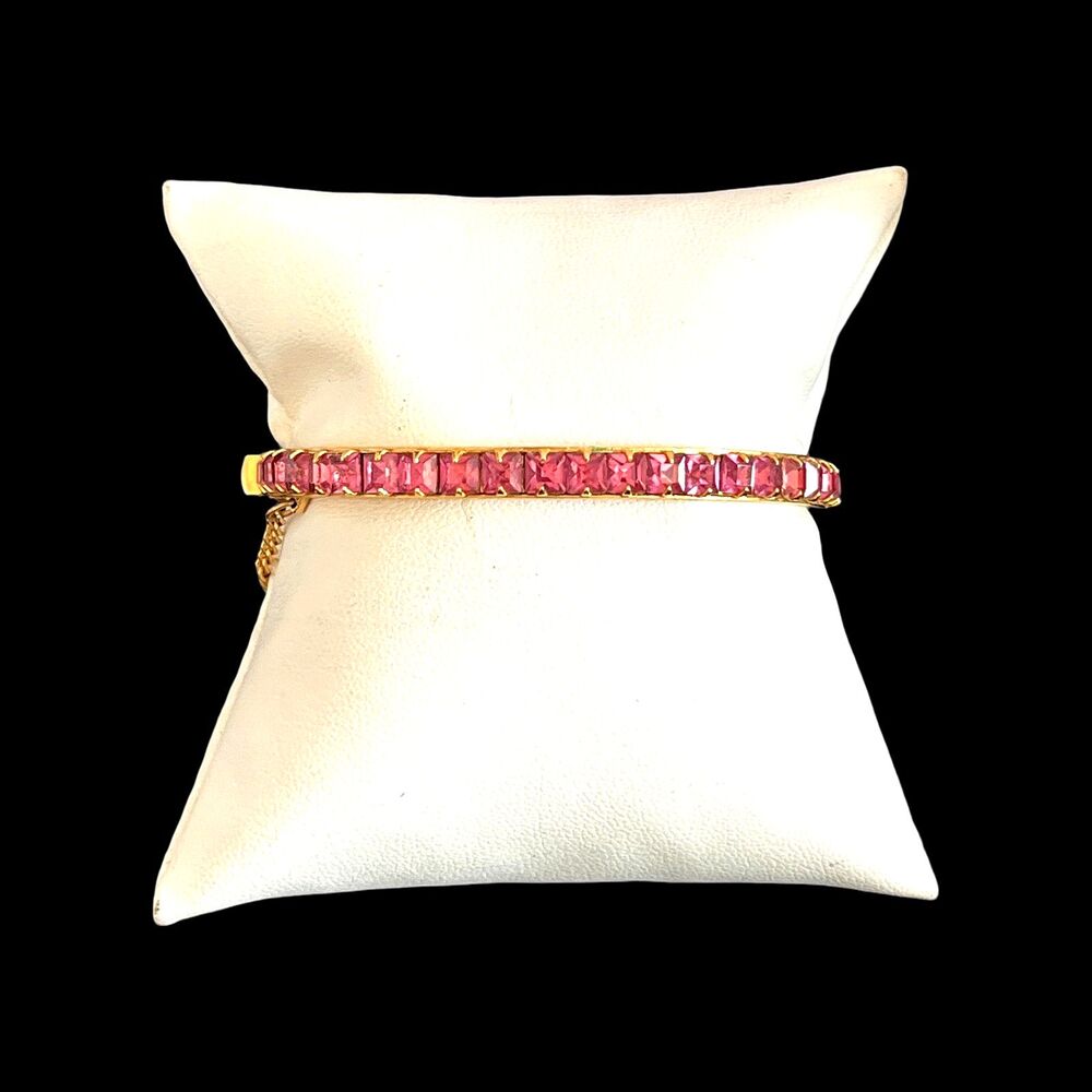 Vintage 1960s Pink Crystal Rhinestone Hinged Clamper Bracelet Gold Tone - 15A